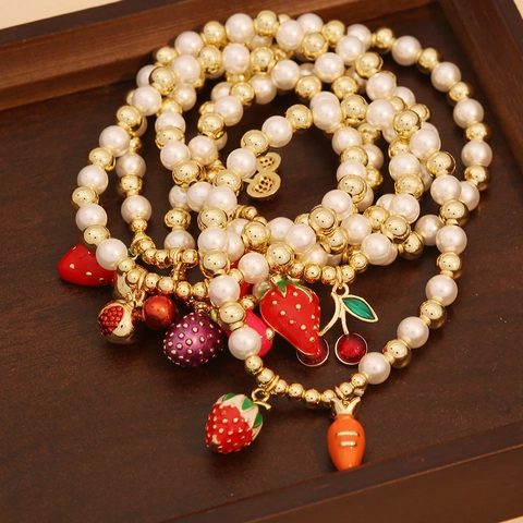 Sweet Fruit Strawberry Cherry Pendant Bracelet Faux Artificial Pearl Gold Plated Beaded Jewelry For Women Girls Cute Pastoral Style
