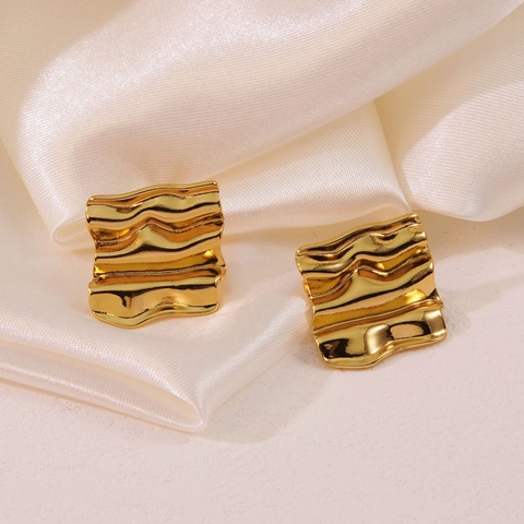 Irregular Crumpled Square Stud Earrings 304 Stainless Steel Wavy Texture Liquid Metal Geometric Vintage Jewelry For Women