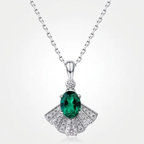 Collana con Pendente a Forma di Ventaglio in Argento Sterling S925 Smeraldo Creato in Laboratorio per Donna Gioielli Intarsiati in Strass Eleganti di Lusso Vintage