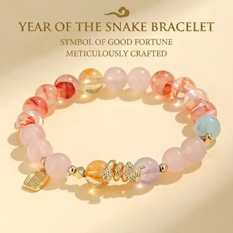 Pulsera de Cuentas de Cristal Natural Hecha a Mano Amatista Cuarzo Rosa Citrino Chapado en Oro Suerte Zodiaco Serpiente Joyería Mujer