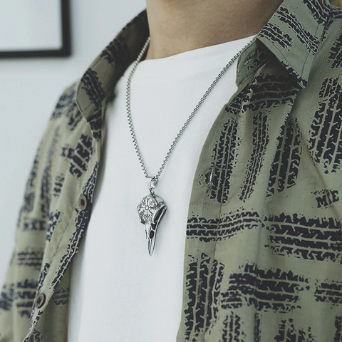 Collana Teschio Di Corvo Vichingo Vintage Acciaio Inossidabile Ciondolo Teschio Corvo Con Rune Vegvisir Gioielli Punk Uomo