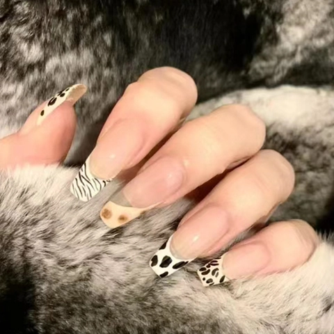 Unghie Finte Press On Forma Bara Lunga Stampa Mucca Zebra Leopardo Stile Francese Design Cuore Manicure Dolce Elegante Per Donne