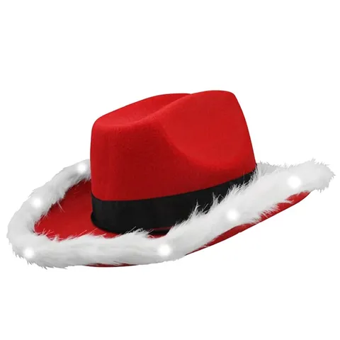 Chapeau De Cowboy De Noël Rouge Style Western Feutre Bordure En Plumes Blanches Déguisement Fête Adultes