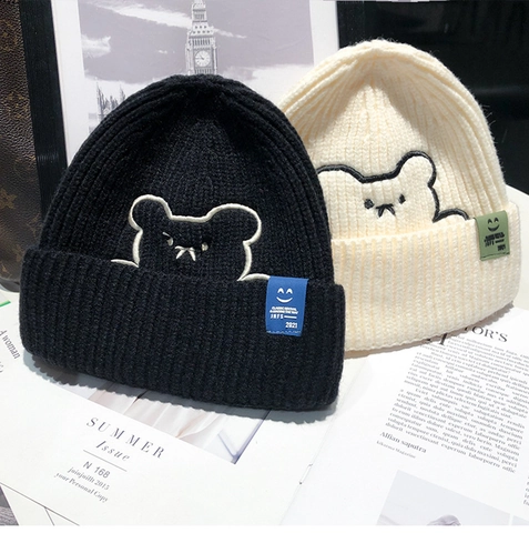 Süße Cartoon Bär Bestickt Beanie Mütze Winter Warm Strick Umschlagmütze Für Damen Casual Outdoor Mode Kopfbedeckung