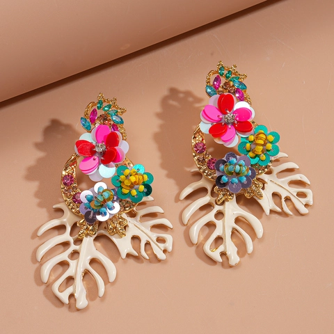Boho Bunte Pailletten Blume Monstera Blatt Ohrhänger Mit 925 Sterling Silber Ohrstecker Strass Statement Damen Modeschmuck