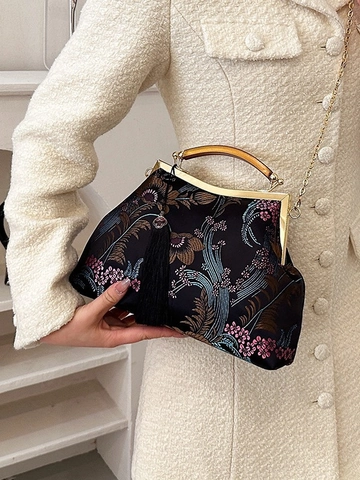 Borsa Ricamata Vintage Stile Cinese Con Manico In Legno Catena In Metallo Raso Floreale Kiss Lock Nappa Borsa A Tracolla