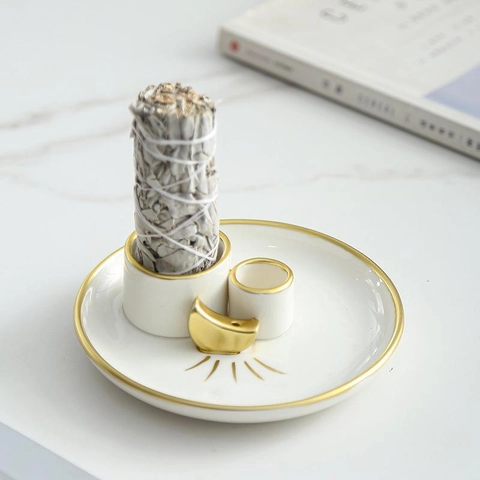 Bruciatore Incenso Ceramica Porta Palo Santo Salvia Fase Lunare Celeste Stella Vassoio Arredo Meditazione Zen Accessorio