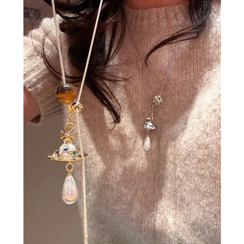 Collier Pendentif Pierre Oeil De Tigre Cuivre Orb Croix Planète Künstliche Perle Goutte D'eau Vintage Chaîne De Pull Pour Femmes