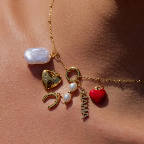 Collar De Acero Inoxidable Con Perla Barroca Artificial Corazón Herradura Colgante MAMA Joyería Multi Dije Para Mujer Accesorio