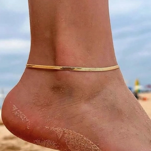 Minimalist Gold Snake Bone Anklet Stainless Steel Flat Chain Foot Jewelry For Women Beach Vacation Accessory