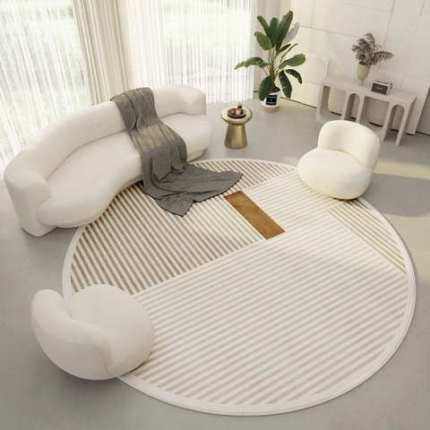 Round Area Rug Crystal Velvet Non-Slip Geometric Striped Decorative Floor Mat For Living Room Bedroom Home Decor