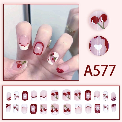 Cherry Press On Nails Sweet Heart Polka Dot Design Square Oval Artificial Fake Nails For Women French Style