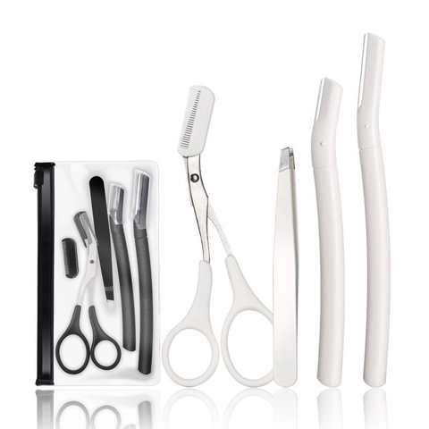 Stainless Steel Eyebrow Trimmer Scissors With Comb Tweezers Brush And Storage Bag Professional Eye Makeup Grooming Tools