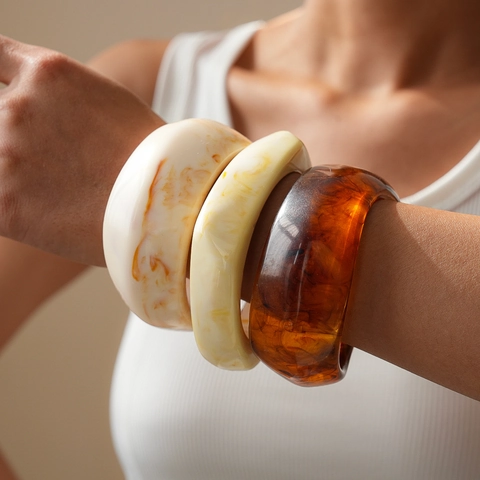 Bracciale In Resina Geometrico Retro Boho Trama Marmo Robusto Rotondo Quadrato Per Donne Gioielli Di Moda