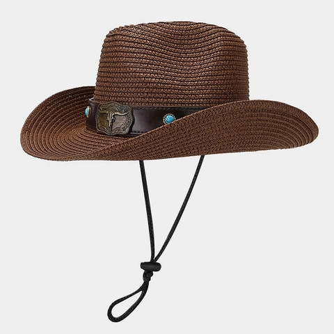 Chapeau De Cowboy En Paille Style Western Avec Décoration Tête De Taureau Perles Turquoise Cordelette Coupe-Vent