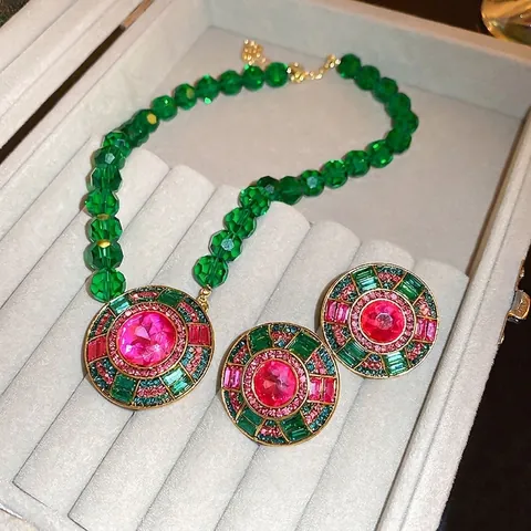 Set Gioielli Vintage Collana Perline Verde Smeraldo Orecchini Strass Rotondi Con Silver Earring Post Retro Per Donna