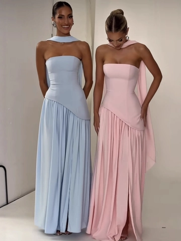 Tube Top Maxi Dress Polyester High Slit Color Block Elegant Long Strapless Evening Dress With Matching Scarf
