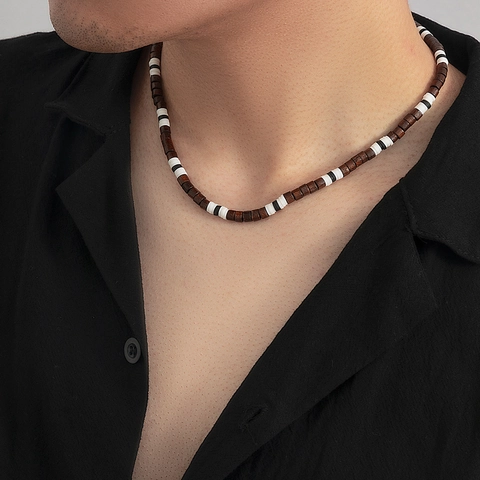 Collar de Cuentas de Madera y Arcilla Polimérica Bohemio para Hombre Hecho a Mano Color Mixto Cadena de Clavícula Joyería de Moda