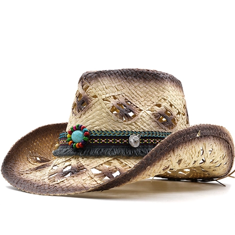 Vintage Western Cowboy Straw Hat Men Women Breathable Hollow Paper Weave Ethnic Bead Leather Strap Metal Badge