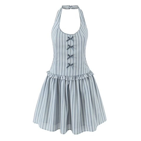 Neckholder Gestreiftes Minikleid Für Damen Polyester Rückenfrei Bogen Dekoration Rüschensaum Sommer Urlaub Party Stil