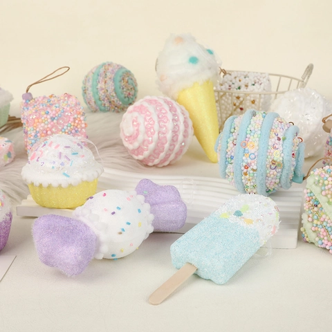 Christmas Tree Hanging Ornaments Foam Glitter Dessert Shapes Macaron Color Ice Cream Cake Candy Holiday Party Decor