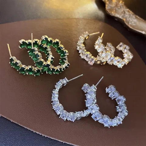 C Shape Hoop Stud Earrings Alloy Rhinestone Oval Geometric Retro Elegant Jewelry For Women With Silver Earring Post
