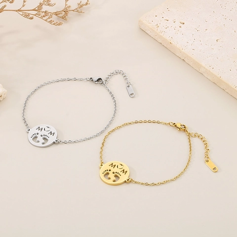 Stainless Steel MOM Necklace Bracelet Earrings Round Hollow Baby Footprint Mother's Day Gift For Women Jewelry