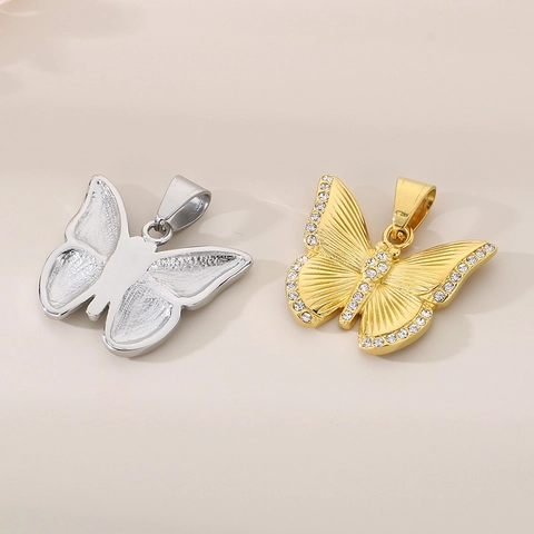 Butterfly Pendant Necklace Stainless Steel With Shimmering Rhinestone Radiant Wing Texture Elegant Sweet Style For Women