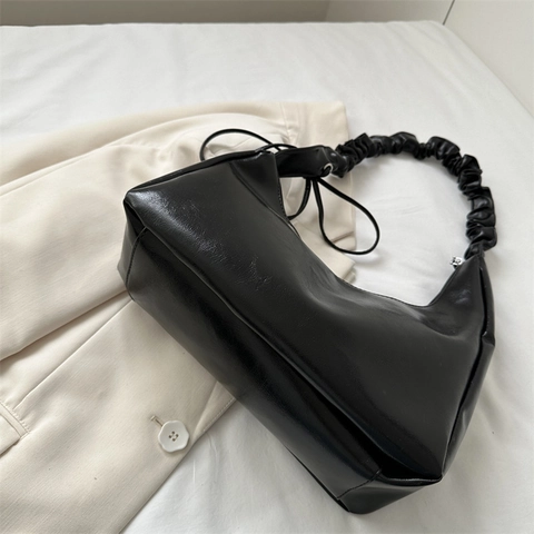 Women PU Leather Hobo Bag Ruched Handle Shoulder Underarm Bag Solid Color Ribbon Bow Decoration Fashion Handbag