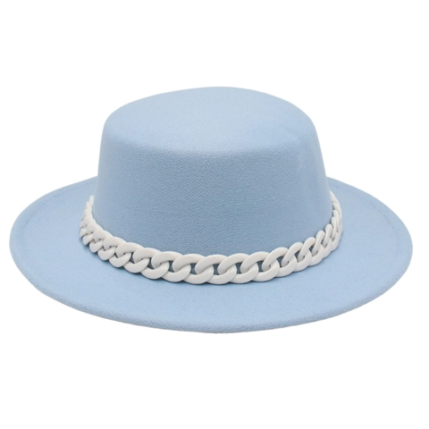 Boater Hat Wool Felt Flat Top Wide Brim Acrylic Chain Decor Vintage Elegant French Style Women Accessories