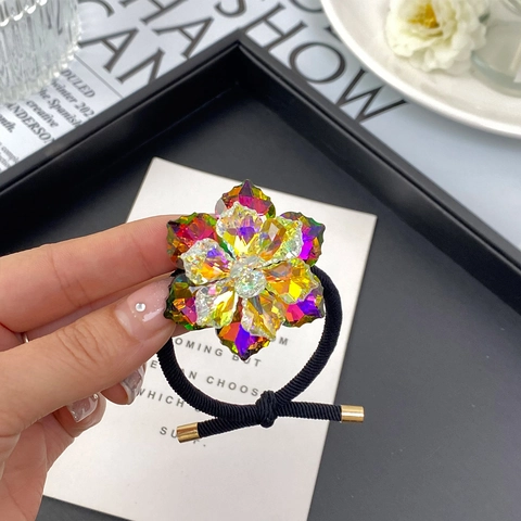 Elastici per Capelli in Cristallo Cangiante a Forma di Fiore per Donna Alta Elasticità Fascia in Gomma Nera Accessori per Capelli Floreali Stile Coreano