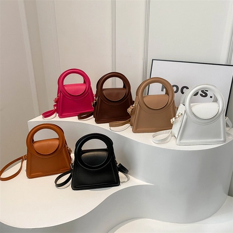 Women Handbag PU Leather Round Handle Trapezoid Crossbody Bag Vintage Simple Retro Style Solid Color