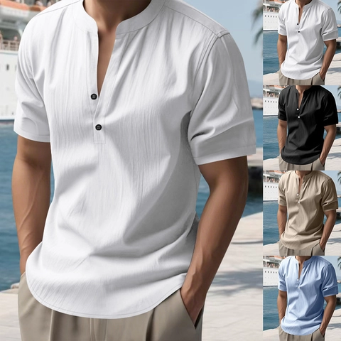 Chemise Henley Homme Manche Courte Mélange Coton Lin Col Officier Été Plage Casual Couleur Unie Respirant Top
