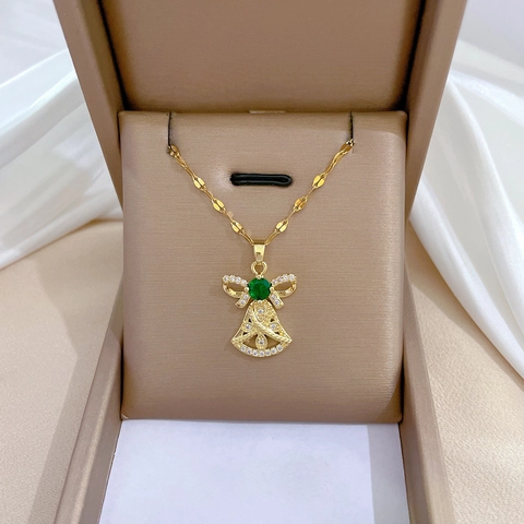 Bell Angel Pendant Necklace Titanium Steel Chain Copper Micro-Pave Green Gemstone Bow Knot Elegant Vintage Gold Tone