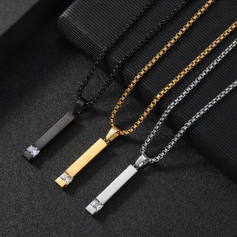 Collar Con Colgante De Acero Inoxidable Barra Larga Circonita Cuadrada Geométrica Incrustada Joyería Urbana Minimalista