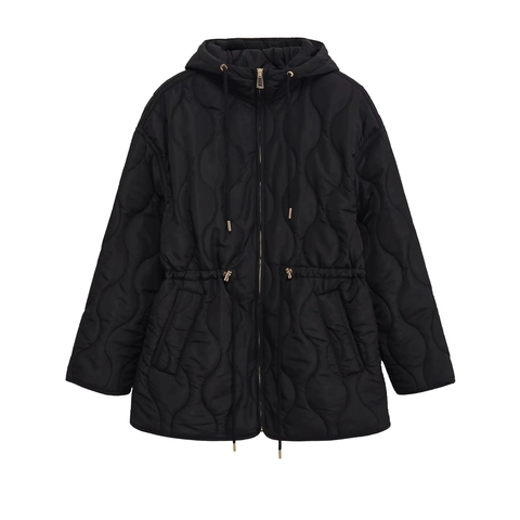 Women Hooded Quilted Jacket Lightweight Padded Coat With Drawstring Waist Zipper Casual Solid Color Outerwear