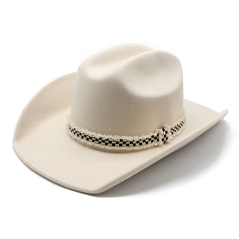 Vintage Western Cowboy Hat Wool Felt Jazz Fedora With Checkerboard Ribbon Tassel Trim Wide Brim Retro Unisex