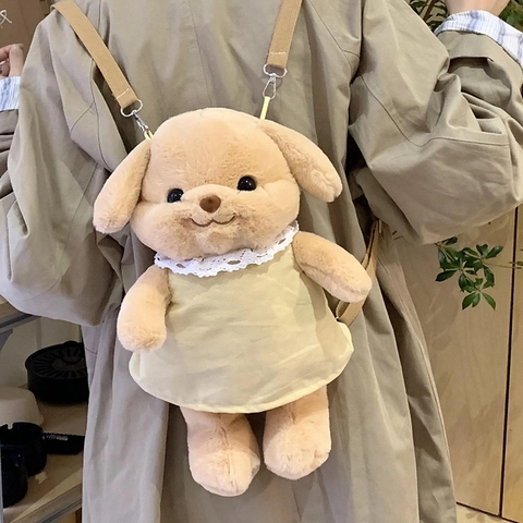 Plush Dog Doll Backpack Cartoon Cute Animal Shape With Yellow Lace Dress Adjustable Straps For Kids Girls