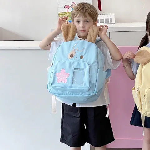 Kids Backpack Cute Cartoon Dog With Plush Ears Oxford Cloth Toddler School Bag Kindergarten Boys Girls Lightweight Star Decor Transparent Window