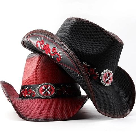 Chapeau De Cowboy En Paille Bord Large Protection Solaire Papier Tissé Bande Brodée Ajustable Style Ethnique Mixte
