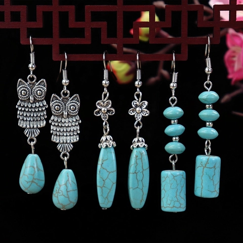 Vintage Ethnic Synthetic Turquoise Dangle Earrings Alloy Metal Hook Bohemian Tribal Jewelry For Women Elegant Handmade Style