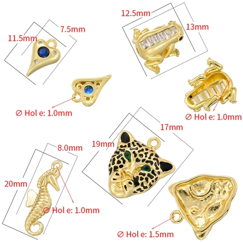 Brass Animal Pendants Frog Seahorse Leopard Heart Cubic Zirconia Inlaid Jewelry Charms Hip Hop Style For DIY Accessory Making