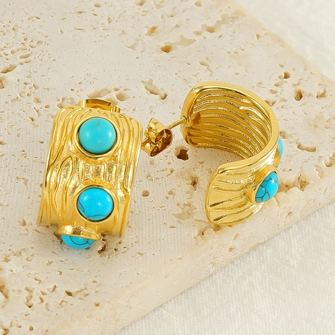 Retro C Hoop Ohrringe Mit Türkis 18K Vergoldeter Edelstahl Sonnenstrahl Textur Vintage Bohemian Stil Für Damen