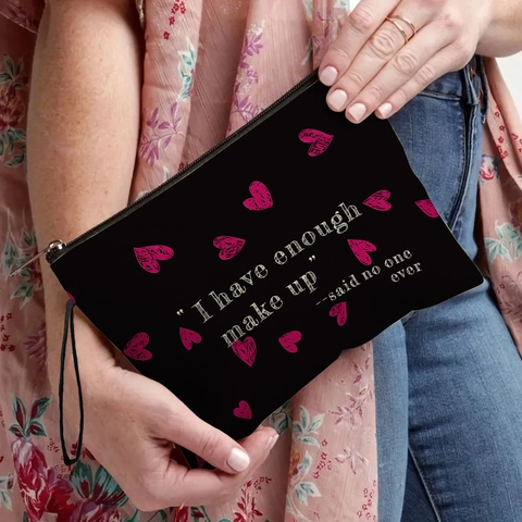 Borsa Trucco Lino Pochette Con Cerniera Motivo Cuore Cinturino Da Polso Organizzatore Da Viaggio Citazione Divertente