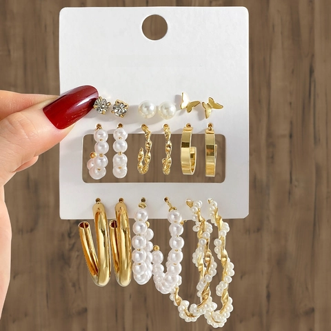 Mode Vlinder Kunstparel Oorbellen Set Voor Dames Goud Zilver Legering Strass Hoop Stud Multi-stijl Sieraden Collectie