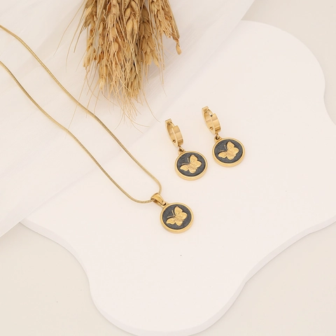 Vlinder Sieraden Ketting En Oorbellen Roestvrij Staal Emaille Ronde Hanger Slangenketting Voor Dames Elegant Mode