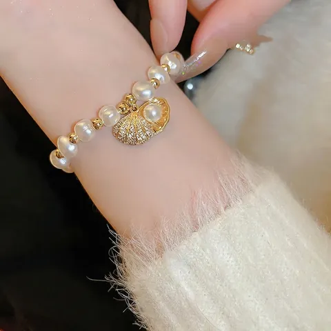 Elegant Shell Pendant Bracelet With Imitation Artificial Pearl And Copper Zircon Accents Adjustable Drawstring Hand Chain For Women