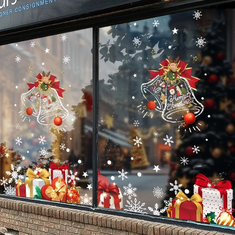 Christmas Window Stickers PVC Static Cling Non Adhesive Double Sided Bell Reindeer Snowflake Festive Glass Decoration Removable