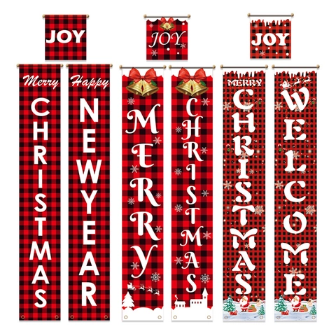 Juego de Pancartas Navideñas para Puerta Camino de Mesa a Cuadros Bandera de Jardín Tela Oxford Decoración de Pared de Navidad