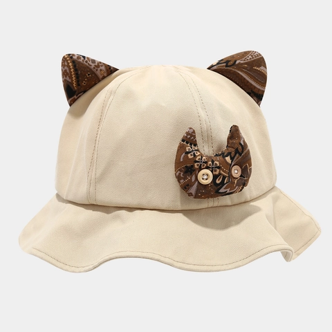 Süßer Katzenohr Anglerhut Baumwolle Breite Krempe Sonnenschutz Paisley Patch Knopf Dekor Sommer Frühling Damen